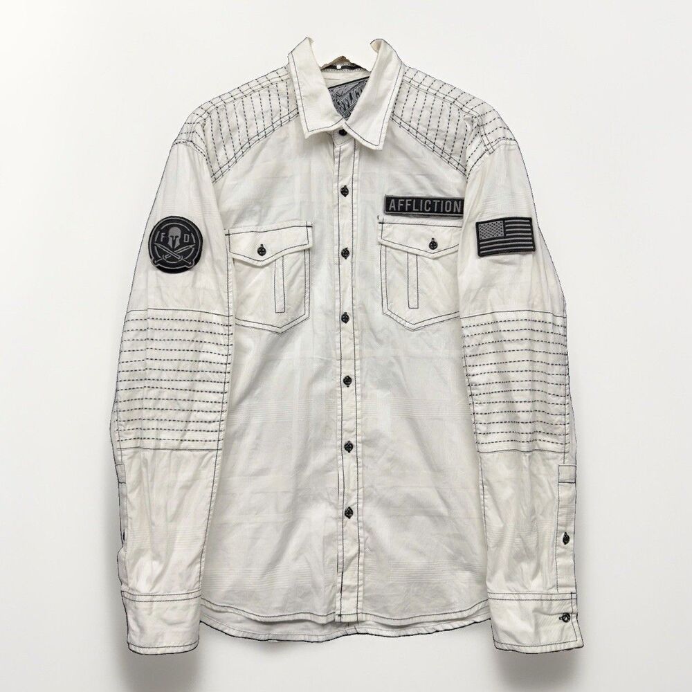 Affliction Long Sleeve Button Up L Shirt Thick Stitch Patches Y2K Biker Rodeo